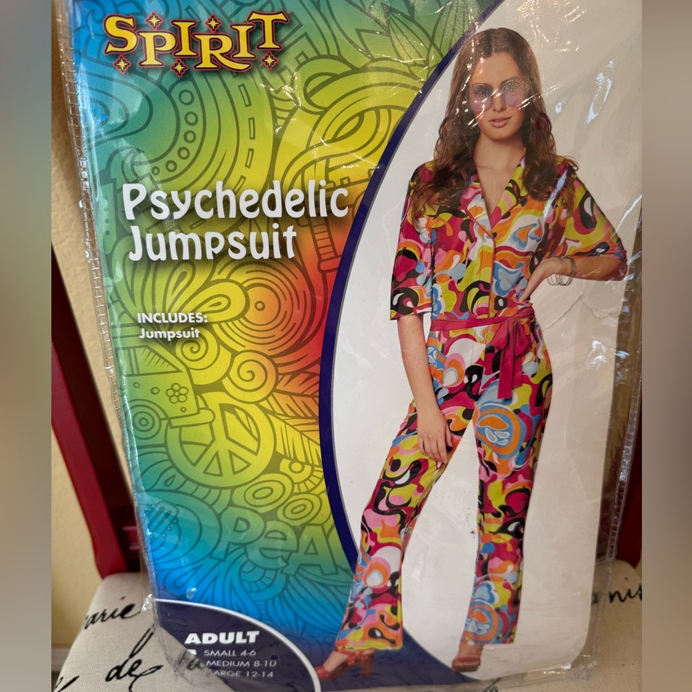 Spirit Halloween Psychedelic Jumpsuit with Daisy Crown & Hippie Buttons Size M